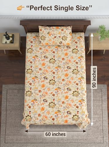 Image of Mafatlal Saanjh 144 TC Cotton Single Bedding 90x60 Inch | Elegant Floral Print | Smooth Airy Weave | Premium Bedroom Collection | Jaipuri Collection | Pillowcase Included | Cannoli Cream