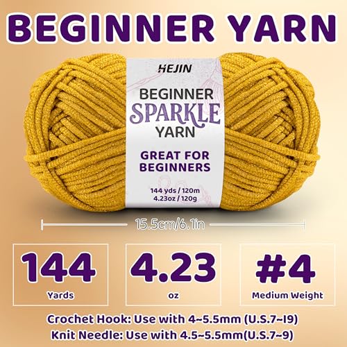 Image of 120g Gold Sparkle Yarn for Crocheting and Knitting; 120m(144yds) for Beginners with Easy-to-See Stitches; Worsted-Weight Medium #4; Yarn for Beginners Crochet Kit Making