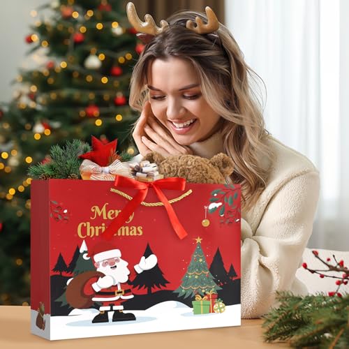 Image of JMANNI Christmas Gift Bags,1PCS Large christmas Gift Bag with Ribbon and 1 Greeting Card 2 Tissue Papers, Portable Paper Gift Bag with Handles, Reusable and Perfect For Your Xmas Presents （Red-Green）