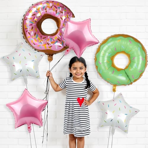 Image of Party Propz Donut Balloon Combo Kit - 6 Pcs Donut Foil Balloons for Decoration with Pink Star Foil Balloons, Multicolor Balloon Kit for Girls Room Decoration (Foil)