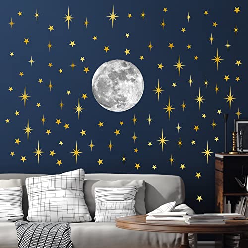 Moon And Stars Wall Decal Moon Wall Sticker Gold Star Decals Peel And Stick Wall Stickers Mural For Kids Baby Room Nursery Wall Decor Vinyl Star For Ceiling Wall Decals For Bedroom Playroom Decoration #TOP10