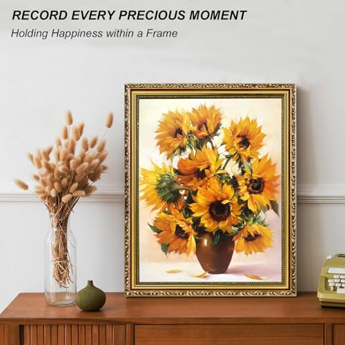Image of 11x14 Picture Frame Gold Vintage Picture Frames Ornate Antique | Wood, Fits 8x10 with Mat or 11 x 14 Photo, Plexiglass, Wall Hanging