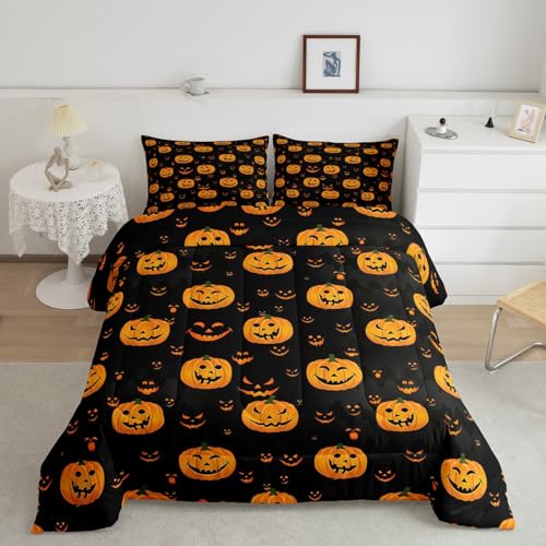 Funny Pumpkin Comforter Cute Halloween Comforter Set for Kids Boys Girls Orange Black Bedding Set Cartoon Festival Decor Quilt with 1 Pillowcase 2Pcs Bedding Twin Boys