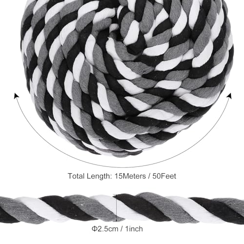 PATIKIL 1 Inch x 50 Feet Natural Twisted Cotton Rope 3 Strand Strong Thick Cotton Rope Tug of War Rope for Railings Crafts Games Home Decor Black Gray White - Image 2
