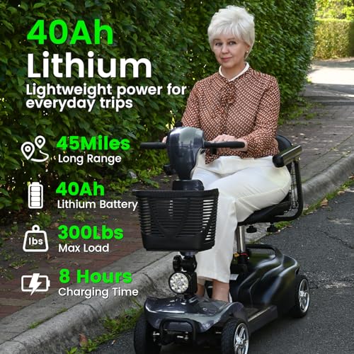 Image of 4 Wheel Mobility Scooters for Seniors - Up to 45 Miles Range,Folding Powered Mobility Scooter Device w /600WH Battery,Only 58 lb Weight, Dual Basket, 300 lb Capacity, Compact