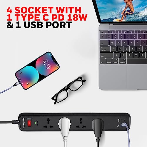 Image of Honeywell Surge Protector /Spike Guard /Extension Board,Master Switch,4 Universal Sockets,PD18W&USB,15000Amp,2 Meter Cord,Device Secure Warranty,Automatic Overload Protection,3Year Manufacturer Warranty