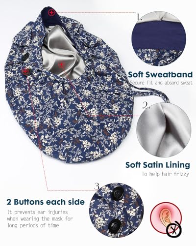 Image of Satin Lined Scrub Cap for Women Extra Large Long Hair Surgical Nurse Cap 4 Buttons