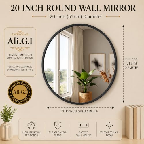 Image of Ali.G.I Round Wall Mirror, Modern Metal Framed Decorative Circle Vanity Mirror for Bathroom, Living Room, Bedroom & Entryway (Black 20 inch)