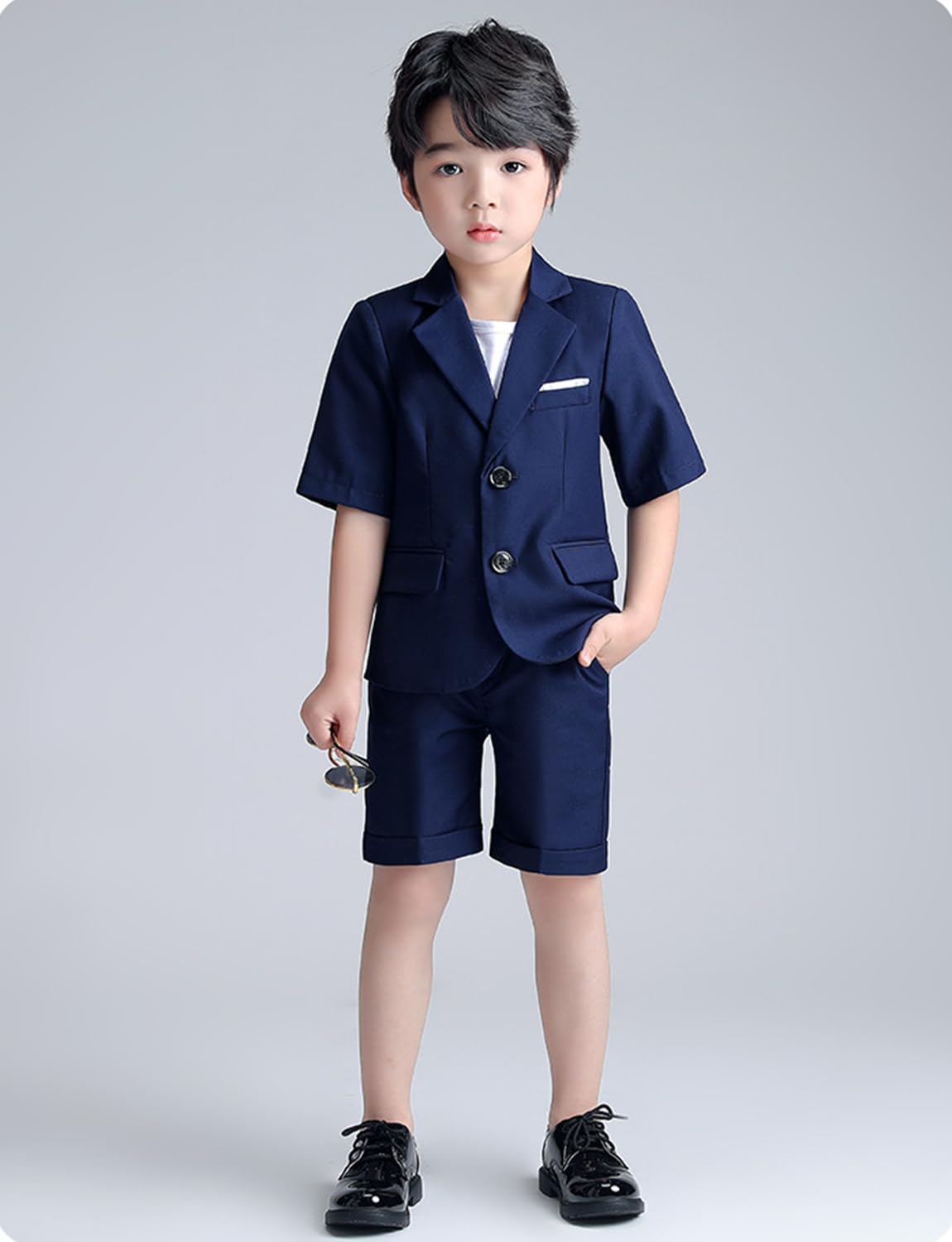 Kromoc Jungen Sommeranzug 2-teilig Zweireihig Smoking Kurze Ärmel Jacke mit kurzer Hose