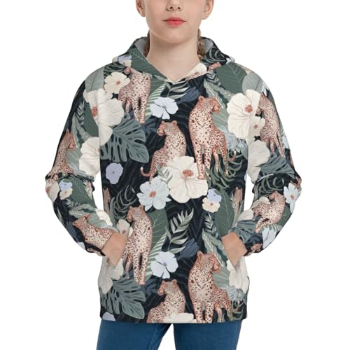 Leopards and Tropical Flowers Kid Hoodies Boys Sweatshirts Girls Pullover with Pocket