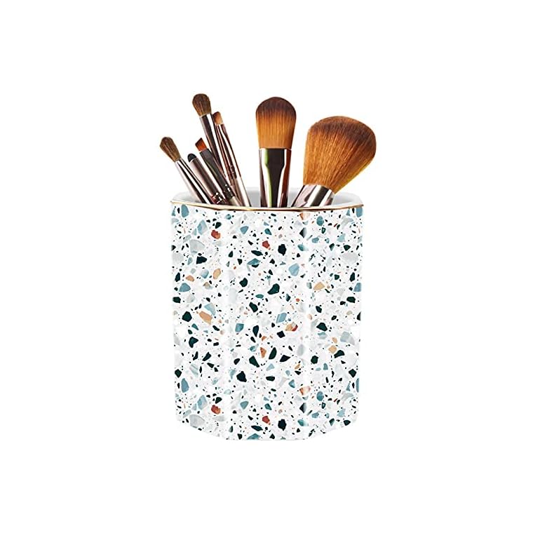 LEAZUL Pen Holder, Makeup Brush Holder Ceramic Shiny Gold Terrazzo Marble Stone Pattern Pencil Cup for Girls Kids Women Durable Stand Desk Organizer Storage Gift for Office, Classroom, Home Light Blue