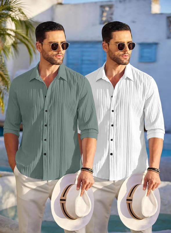 Image of FINIVO FASHION Men's Cotton Blend Shirt Set Lightweight, Full Sleeves, Plain Texture, Button Closure, Summer Ready (Pack of 2)