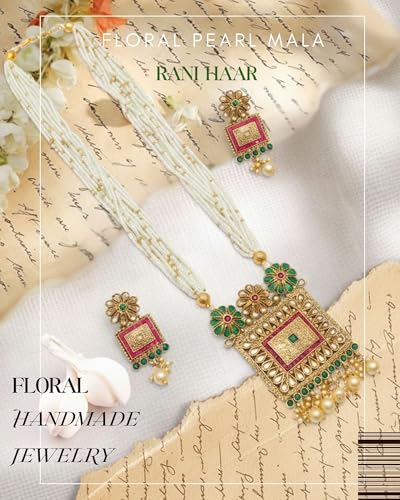Image of Mansiyaorange South Indian Temple Style Long Pearl Rani Haar with Floral Necklace & Earrings | Traditional Gold Plated Kempu Kundan Stone Jewelry Set for Women