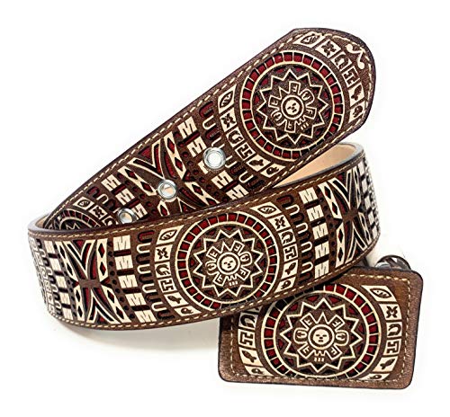 Cinto Charro Azteca, Mens Aztec Calendar Western Belt (Brown/Red, 34)3