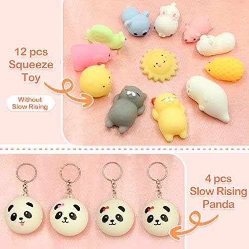Satkago 16 Pcs Mochi Squishies Toys, 12 Pcs Mini Mochi Squishies Animals + 4 Pcs Mini Foamy Panda Squishies Stress Reliever Anxiety Squishys for Kids
