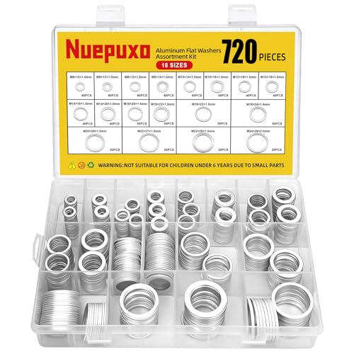 Nuepuxo 720PCS Crush Washer Oil Drain Plug 18 Sizes Aluminum Oil Drain Plug Gasket Assortment Kit Automotive Engine Crush Washer (M6 M8 M10 M12 M14 M16 M18 M20 M22 M24)