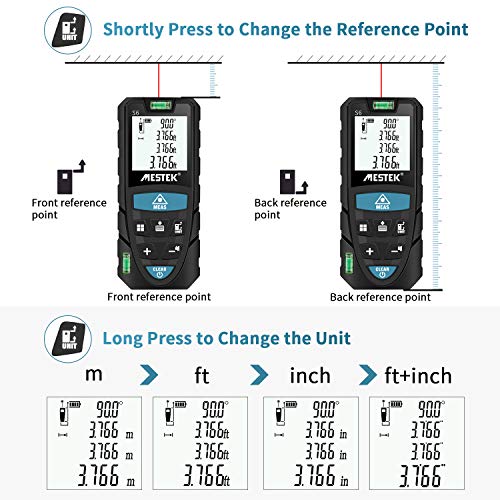 Laser Measure, Mestek 164Ft M/In/Ft Laser Distance Meters with 2 Bubble Levels and Electronic Angle Sensor, for Pythagorean, Distance, Area and Volume Measuring, Carry Pouch and Battery Included - Thumbnail 6