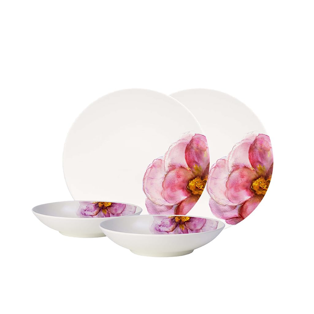 Villeroy & Boch - Rose Garden Servizio Tavola 4 Pezzi Bianco, Lavabile in Lavastoviglie, Adatto per Microonde, Set di Stoviglie, Servizio, Servizio Piatti 2 Persone, Colorati, Porcellana Premium