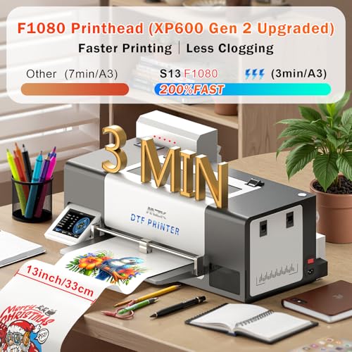 Image of MZK A3 Pro F1080 DTF Printer (XP600 Gen2),Automatic Time Cleaning Maintain+Ink Anti-Clog Filter,2X-Speed Compared to L1800,5 inch Rotatable Touch Screen,Dual Ink Level Alert+Film Cutter,Gift Ink 2 Years