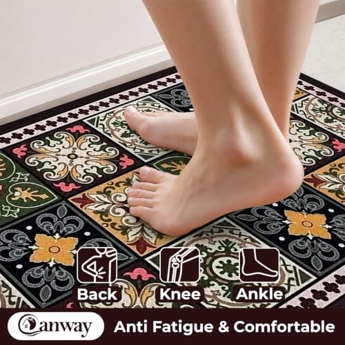 Image of CANWAY Kitchen Mat Set of 2, 40x60 & 120x40 CM, Flower Print | Water Absorbing, Anti-Slip, Waterproof, Washable, For Home Use