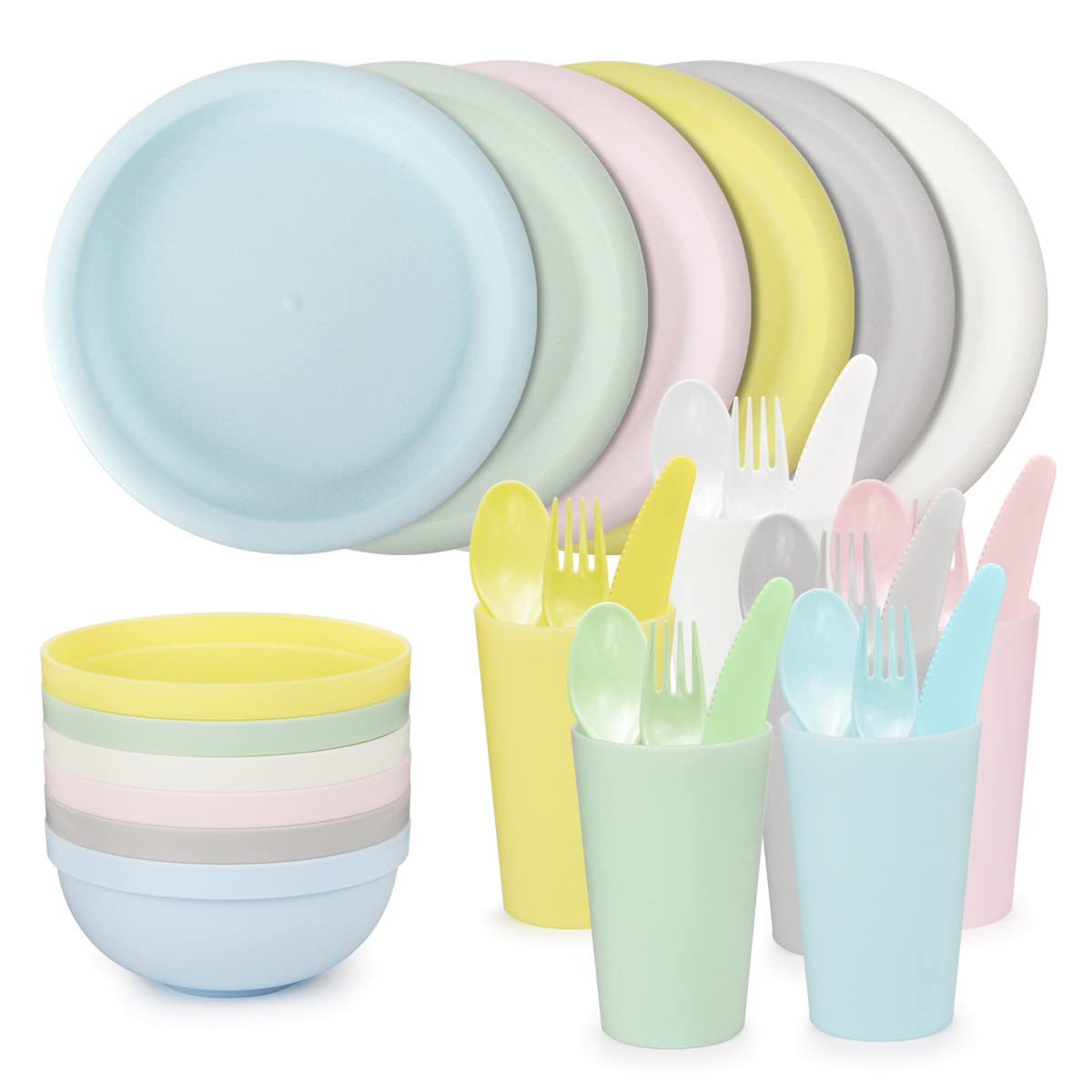 Spesh Zestawy naczyń obiadowych 6 (36 szt.) plastikowe talerze i miski zestawy canmping impreza piknik wielokrotnego użytku zastawa stołowa w tym miski, talerze, kubki, noże, widelce, łyżki