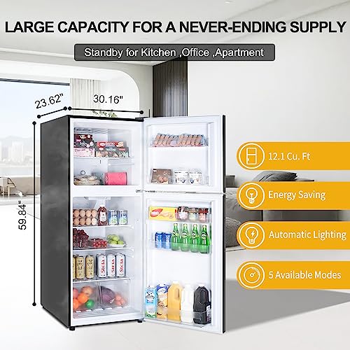 Frestec BCD342 BK 12.1 Cu' Refrigerator With Freezer, Apartment Size Refrigerator Top Freezer, 2 Door Fridge With Adjustable Thermostat Control, Freestanding, Door Swing, Black thumb #1