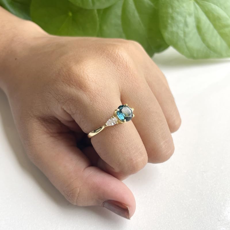 Miniatura 5 de Round & Pear Cut London Blue Topaz And White Diamond 3 Stone Engagement Ring, 14k Yellow Gold Finish Ladies Bridal Three Stone Propose Ring, Topaz &