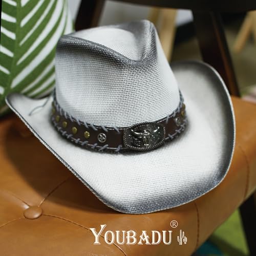 Image of YOUBADU Western Straw Cowboy and Cowgirl Hats with Decorative Bands - Unisex Wide Brim Raffia Style Sun Hat