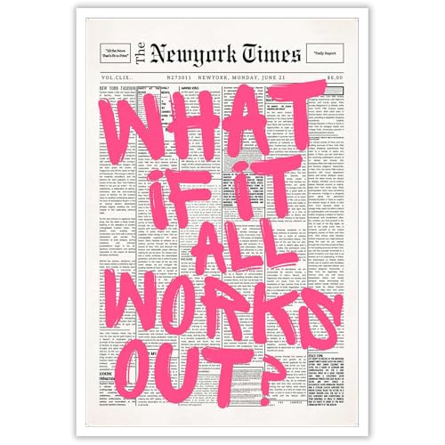 Image of Drimiler Retro Newspaper Pink Font Poster What If It All Works Out Canvas Wall Art Positive Affirming Quote Minimalist Prints Painting For Home Bedroom Dorm Wall Decor 16x24in Unframed