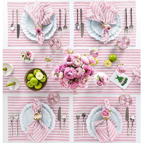 Image of Solino Home 100% Pure Linen Placemats, 14 x 19 in, Blossom Stripe, Set of 4