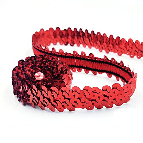 CNFQ 10 yards Elastisches glänzendes Paillettenband Applikation für Hochzeit Kostüm Brautschmuck PVC (Rot)