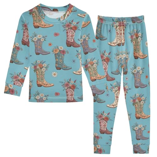 Pajama Sets Long Sleeve Cowboy Boots Floral Blue Pattern Soft Comfy Sleepwear 2 Piece PJS 3-8T