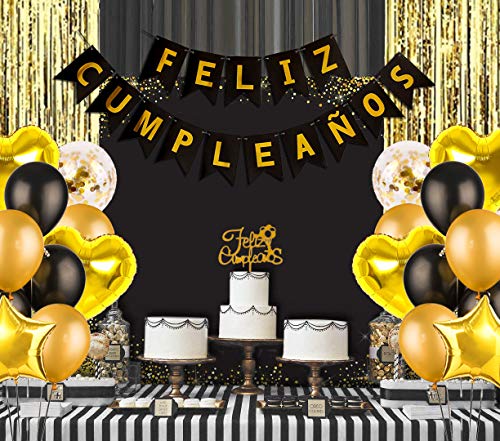 Kreatwow Spaanse verjaardagsdecoratie Zwart goud Feliz Cumpleaños Banner taart Topper Confetti ballonnen - Image 3
