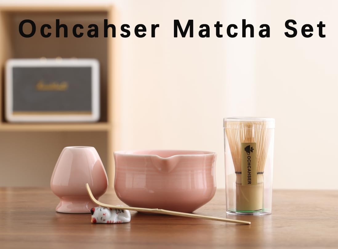 Ochcahser Set Matcha, kit per matcha, in ceramica rosa, include ciotola per matcha, supporto per frusta Matcha (chasen), frusta in bambù, paletta in bambù e supporto per paletta, set da tè giapponese