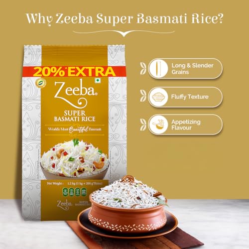 Image of Zeeba Super Basmati Rice 1.2 Kg, Fluffy & Naturally Aromatic, Gluten Free Fine Grains (Cooked length upto 23mm*) (Pack of 2)