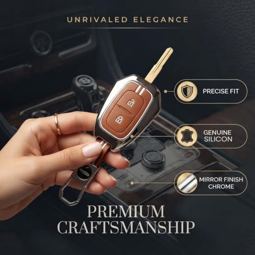 Image of Coll of Fest Premium Metal Silicone Brown Key Cover Compatible with Renault Kiger | Kwid | Duster 2016 | Triber 2 Button Smart Key Cover Metal and Silicon Protection Glow in the Dark