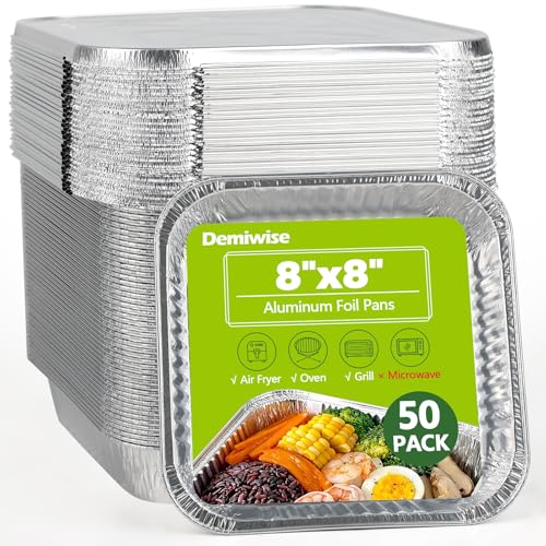Image of Thickened 50 Pack Heavy Duty Aluminum Pans with Lids, 8x8 Square Disposable Aluminum Baking Pans, Small Foil Pans with lids for Cooking, Meal Prep, Catering, Events, Carton Packaging