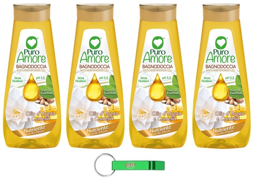 Puro Amore Bagnodoccia Olio di Argan e Camelia - Gel de ducha, aceite de argán y camelia, piel suave, lisa y aterciopelada, limpiador corporal, 750 ml + llavero Beni Culinari gratuito