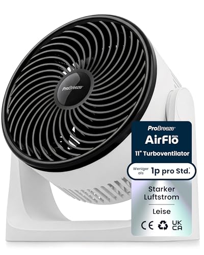 Pro Breeze AirFlo Mini Tischventilator Leiser Turbo Ventilator mit 3 Stufen 90 Neigung und kraftvollem Luftstrom bis 4 2 m/s kompakt für Schreibtisch Schlafzimmer & Büro