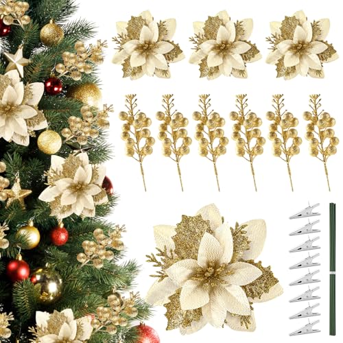 24 Pcs Christmas Tree Decorations Picks,12Pcs Artificial Christmas Flowers with