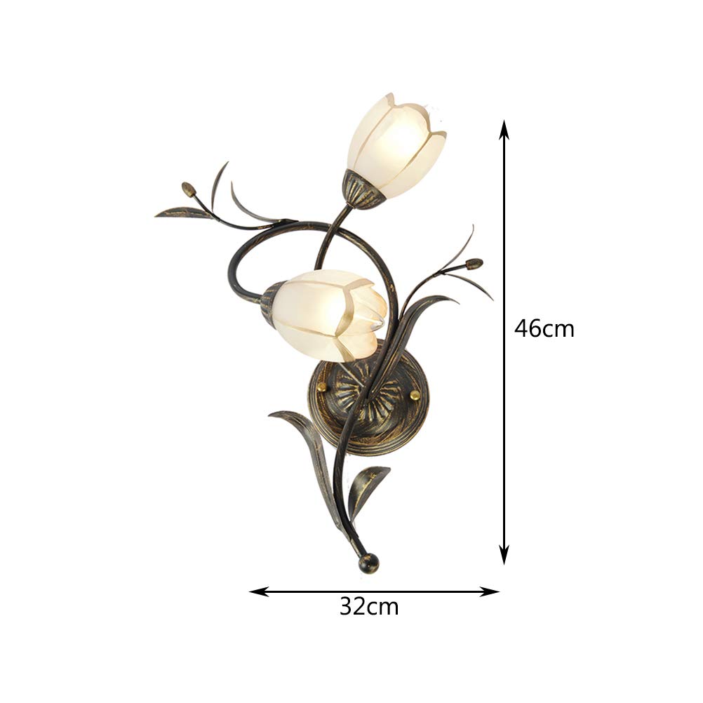Apliques de Pared Rústica Forma de Flor, Lámpara De Pared De Metal Bronce Antiguo, Lámpara de Cabecera de Dormitorio Shabby Chic, 2 Luces Pantallas de Vidrio, para Salón, Pasillo, Cocina, E14, Right