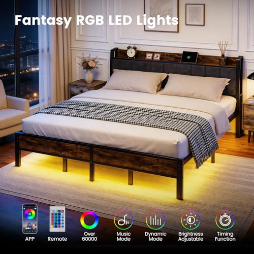 Image of Liians King Size Bed Frame with Charging Station, Storage Headboard Smart LED Lights, Metal Platform Bed Frame with USB Ports, Noise Free, No Box Spring Needed, Easy Assembly