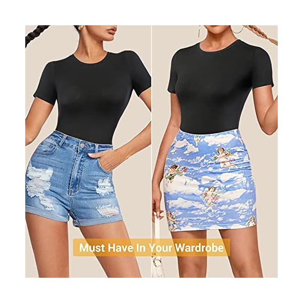 REYEOGO-Women-Shapewear-Bodysuit-Scoop-Neck-Tank-Top-Short-Sleeves-Jumpsuit-Slim-Fit-Bodycon-Clubwear-Basic-T-Shirts-Romper REYEOGO women bodycon Scoop Neck bodoysuit T-shirt shaperwear Short Sleeve Basic Bodysuits (Large, Black)