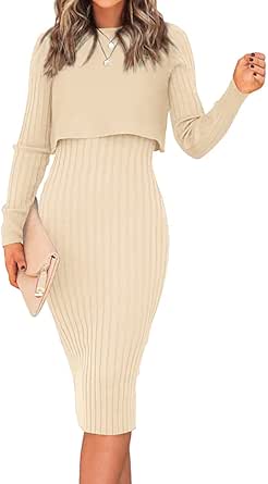 Amazon.com: Ezbelle Women's Long Sleeve Sweater Dresses 2 Piece Outfits