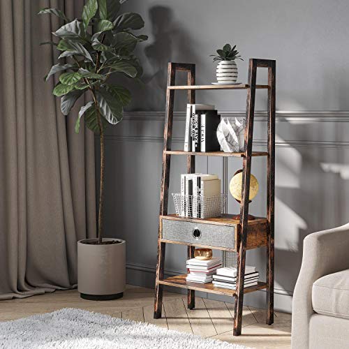 Rolanstar Ladder Shelf with Drawer, Retro Bookshelf, 4-Tier Ladder Bookcase, Utility Organizer Shelves, Stable Metal Frame, for Living Room, Office Room,LD001-A