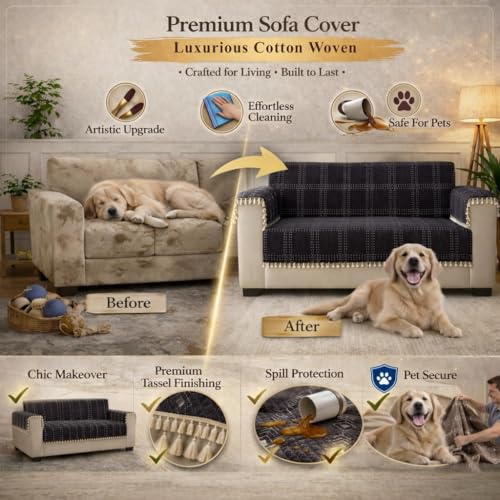 Image of STITCHNEST Woven Fabric Sofa Cover 2 Seater with 2 Hand Rest Covers - Washable Brown Sofa Cover with Tassels - Durable Premium Fabric - Stylish Sofa Protector for Living Room & Furniture Decor