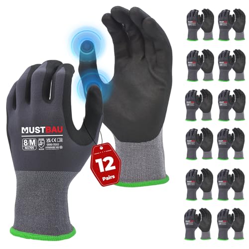 Mustbau 12 Pares de Guantes de Trabajo con Pantalla Táctil, Guantes de Nitrilo Resistentes a la Abrasión, Excelente Agarre Adecuados para Jardinería, Mecánica, Construcción (Gris,M)