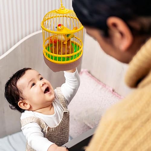 Image of VGRASSP Sound Activated Chirping Bird in Hanging Cage - Beautiful Pinjra Bird Toy for Kids with LED Light- Clap to See The Moving Beak and Flapping Wings - Color and Design As Per Stock (Design 1)