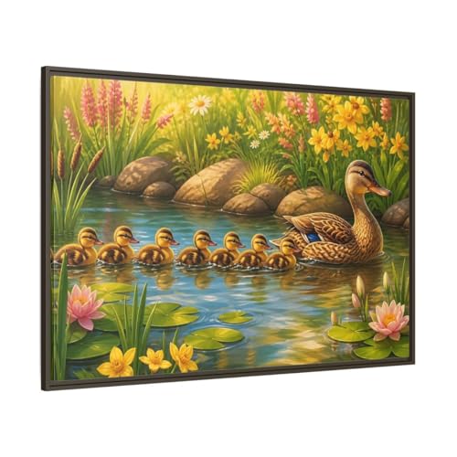 Tableau canards coloré sur toile tendue avec cadre expresso horizontal 120x80 cm