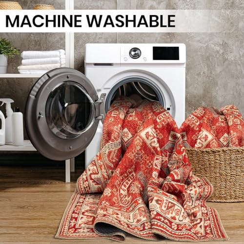 GLN-Rugs-Vintage-Collection-Machine-Washable-Area-Rug-Vintage-Washable-Rug-Non-Slip-Area-Rug-Low-Pile-Living-Room-Rug-Bedroom-Rug-Bathroom-Rug-Easy-Clean-53-Round-Red-and-Beige-Rug GLN Rugs Vintage Collection Machine Washable Area Rug Vintage Washable Rug Non Slip Area Rug Low Pile Living Room Rug Bedroom Rug Bathroom Rug Easy Clean 53 Round Red and Beige Rug